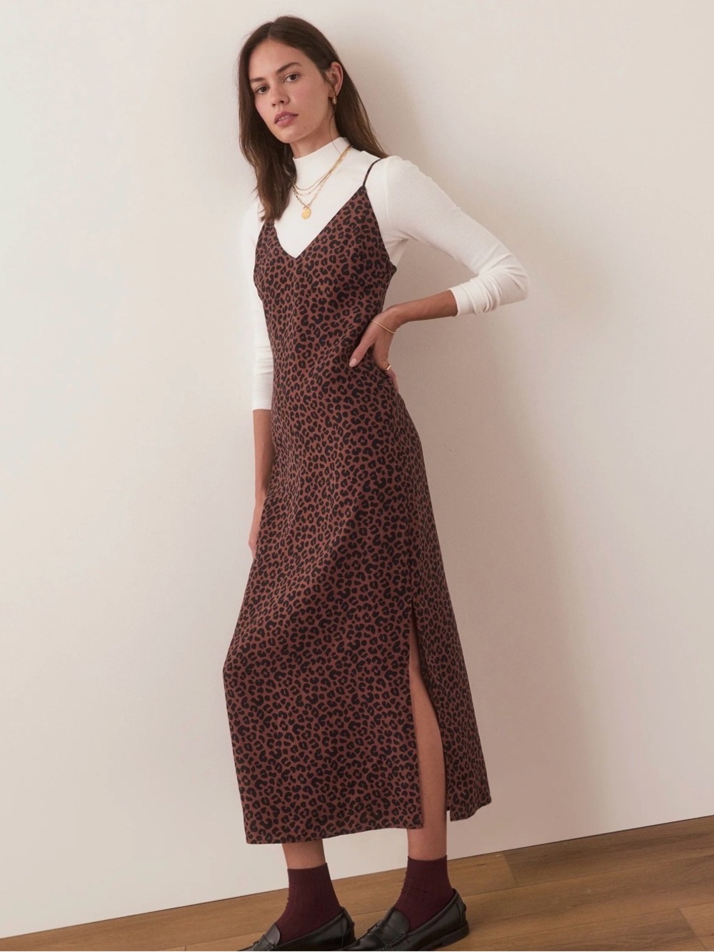 Marine Layer Brown Leopard Slip Midi Dress Adjustable Straps V Neck Size S - Picture 4 of 14